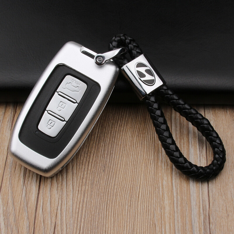 億麥 起亞金屬鑰匙包 現(xiàn)代鋁合金鑰匙保護(hù)殼 皮扣鑰匙套 殼+手編繩 銀白色 現(xiàn)代 12款ix35 IX35